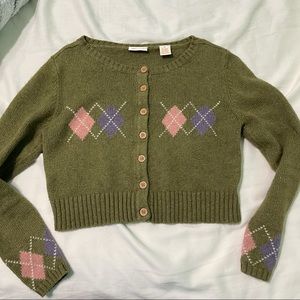 Green argyle sweater cardigan